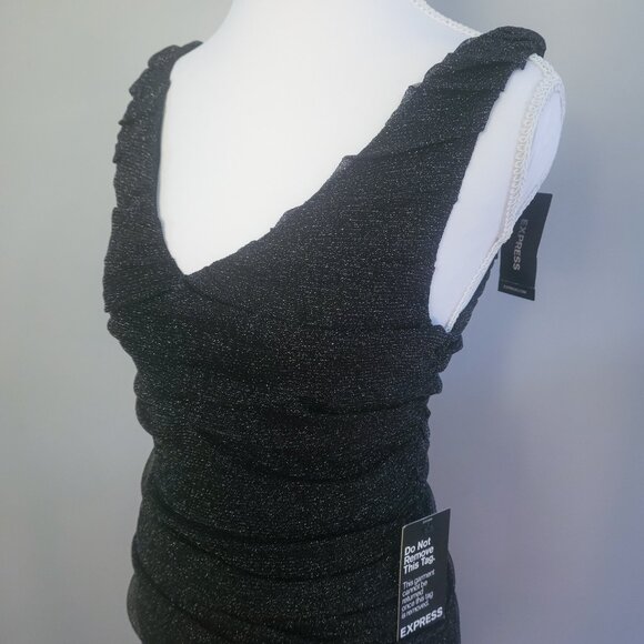 NWT Express S Metallic Ruched Bodycon Dress Sleveless V-Neck Mini Black Small - Picture 2 of 7